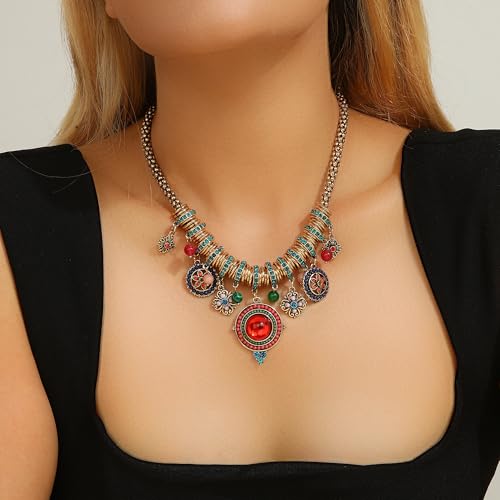 SUNLAND Bohemian Multicolor Round Pendants Enamel Rhinestone Ethnic Necklace for Women3