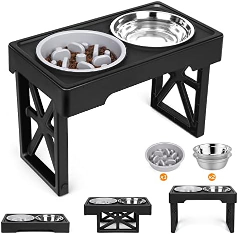 Elevated Dog Bowls, 3 Adjustable Heights Raised Pet Bowl Stand Feeder with Slow Feeder Bowl 2 Stainless Steel Food & Water Bowls for Large Medium and Small Cats and Dog