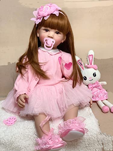 Muñeca Reborn de 24 pulgadas con cabello largo y mejillas rosadas miniatura 1