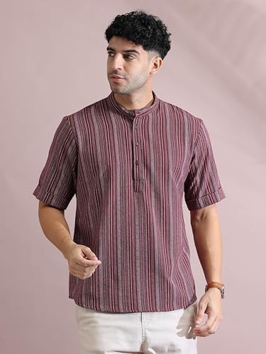 Image of Filori Lurex Checks Design Short Kurta | Pure Cotton | Half Sleeves | Mandarin Collar