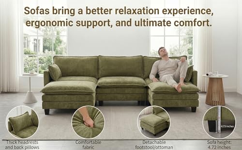 Image of 110.4 inch L Shaped Modular Sectional Sofa, Comfy Upholstery Chenille Cloud Couch with USB, Modern 4-Seat Deep Seat Sofa with Ottoman for Living Room, Apartment, Green