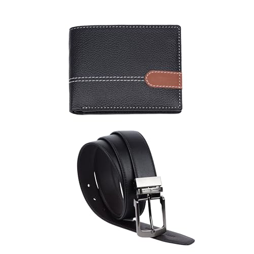 Image of LONDON ALLEY Swiss Classic Black Leather Wallet & Black /Brown Reversible Belt Combo Gift Box for Men