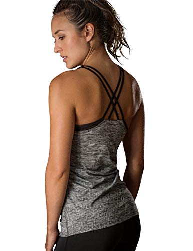 icyzone Women Workout Yoga Spaghetti Strap Racerback Tank Top with Built in Bra (M, Grey Melange)
