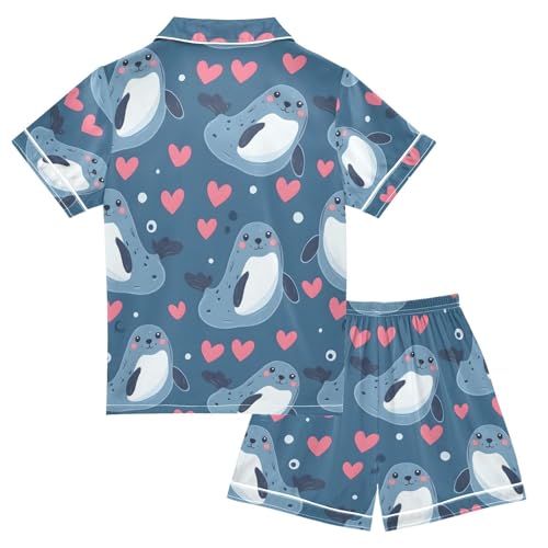 ALAZA Cute Cartoon Sea Lion Love Heart Pajamas Satin Pajama Set Short Sleeve Button Down Sleepwear2