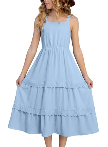blibean Tween Girls Summer Sleeveless Dresses Big Kid Spaghetti Strap Sundress Big Girl Solid Fashion Ruffle Casual Boho Beach Dressy Party Clothes Fancy Outfits Size 10-11 Year Old Light Blue