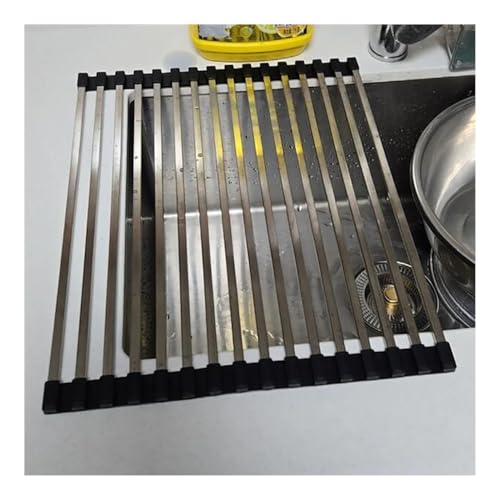 Escurridor de Platos Enrollable for Fregadero de 32 a 60 cm, de Acero Inoxidable, Plegable, Antideslizante, de Silicona, for encimera.(L 45cm/17.7in)
