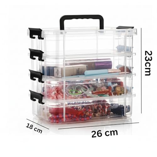 Image of plastic boxes for Storage transparent boxes for storage, Portable & Stackable Space Saving Organiser with Lid for Medicine, Jewelry, Arts & Crafts, Buttons, Beads (Black, 4 TIER WITH 1 TRAY)