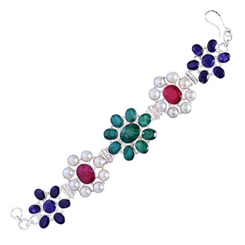 Bracelet saphir rubis émeraude en argent 925 plaqué rhodium blanc 21cm