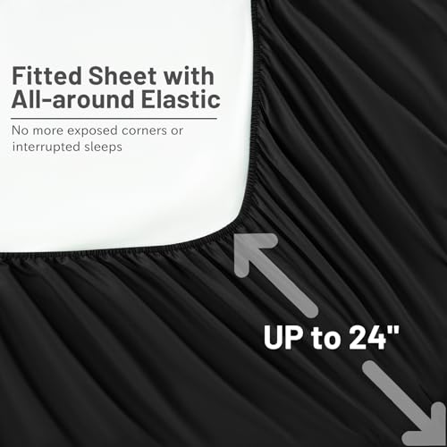MEISHANG Extra Deep Pocket Queen Sheets Cotton - 1000 Thread Count Sheets - Fits 18"-24" in Deep Mattress,100% Egyptian Cotton,Sateen Weave, Soft & Breathable - 4 Piece (Queen, Black)