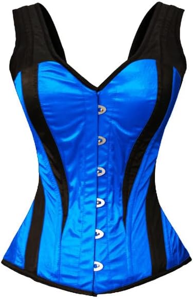 Women’s Royal Blue And Black Satin Overbust Corset With Shoulder Straps Gothic Costume Overbust Top