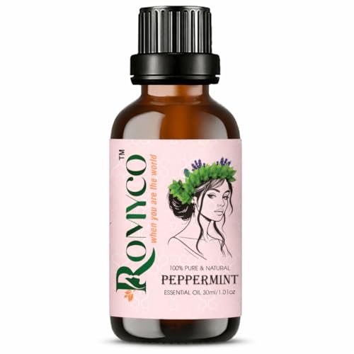 Image of Romyco Peppermint Essential Oil 30ml for Hair Skin Care | Natural Cooling & Soothing Aroma | Focus & Mental Clarity | Use in Diffuser | Pure Premium Natural Undiluted