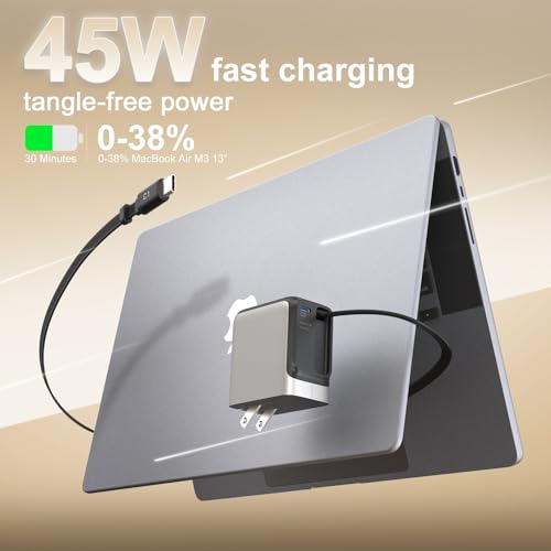 Retractable Charger, 45W USB-C Charger, GaN Fast Charger with 2.26ft Retractable Cable for iPhone 17/16/15/14/13 Series, Galaxy S26/S25/24 Ultra, Pixel, iPad, Space Silver — view 3