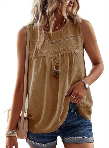 Image of Falechay Womens Summer Tops Boho Shirts Crewneck Sleeveless Tank Tops Flowy Lace Hem Casual Blouses Clothing Trendy 2026