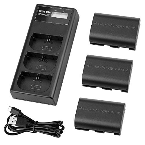 LP-E6 LP E6N Battery Charger Pack, LP 3-Pack Battery & Triple Slot Charger Compatible with Canon EOS 90D, 80D, 70D, 60D, 60DA, 7D Mark II, 7D, 6D Mark II, 6D, 5D Mark IV, 5D Mark III, 5D Mark II, R,R5