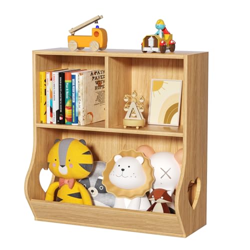 Image of Lerliuo Baby Toddler Bookshelf and Storage Organizer, Kids Cabinet and Bookcase, Wooden 3 Cubby Children Book Shelf for Playroom, Bedroom, Nursery, School 23.62'' H (Natural)