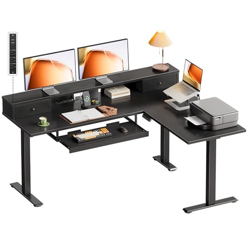 OffiGo 59 Inch L Shaped Electric Standing Desk with Drawers Height Adjustable Corner Computer Desk with Keyboard Tray & Monitor Stand Stand Up Table for Home Office Workstation Black