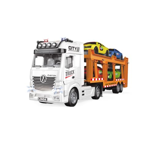 Image of RAMNATH Bilayer Car Transporter Truck Toy � Large Carrier Vehicle with 4 Die-Cast Cars, Friction Powered, Slide Ramp & Lights � Educational Push Truck Toy Gift for Kids Boys & Girls Ages 3+(I)