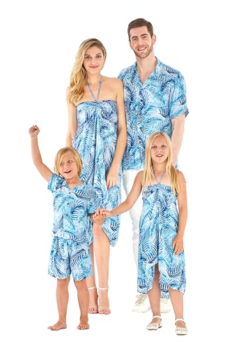 Image of Hawaii Hangover Family Matching Hawaiian Clothes, Simply Blue Leaves | Family matching Hawaiian outfits, Simply Blue Leaves, lightweight rayon, machine washable, tropical leaf print, luaus