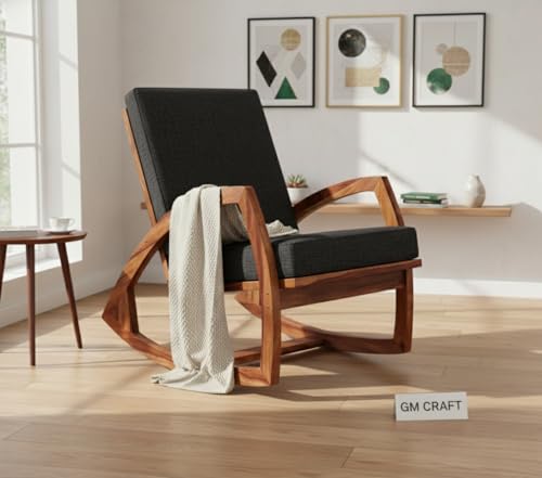 Image of Solid Sheesham Wood Rocking Chair for Living Room - Upholstered Relaxing Chair - Wooden Rocking Chair for Adults for Home Outdoor Indoor (Honey, Riley)