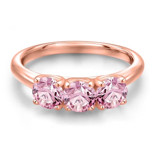 Gem Stone King 18K Rose Gold Plated Silver Pink Lab Grown Diamond 3-Stone Engagement Ring For Women | 1.50 Cttw | Round 5MM | Gemstone April Birthstone | Available in Size 5,6,7,8,93