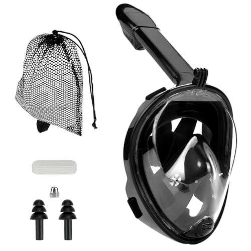 Hojalis Full Face Snorkel Mask, 180° Panoramic View Snorkeling Mask with Adjustable Strips and Action Camera Mount, Anti-Fog Anti-Leak Free Breath Diving Mask Snorkeling Mask Set for Adults and Kids