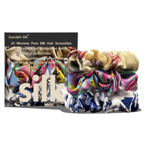 Suncdelv Silk,100% Silk Scrunchies for Hair,22 Momme Hair Ties for Anti-Crease & Breakage,Natural Women Hair Accessories，Fashion Hairbands 3PCS （watercolour）