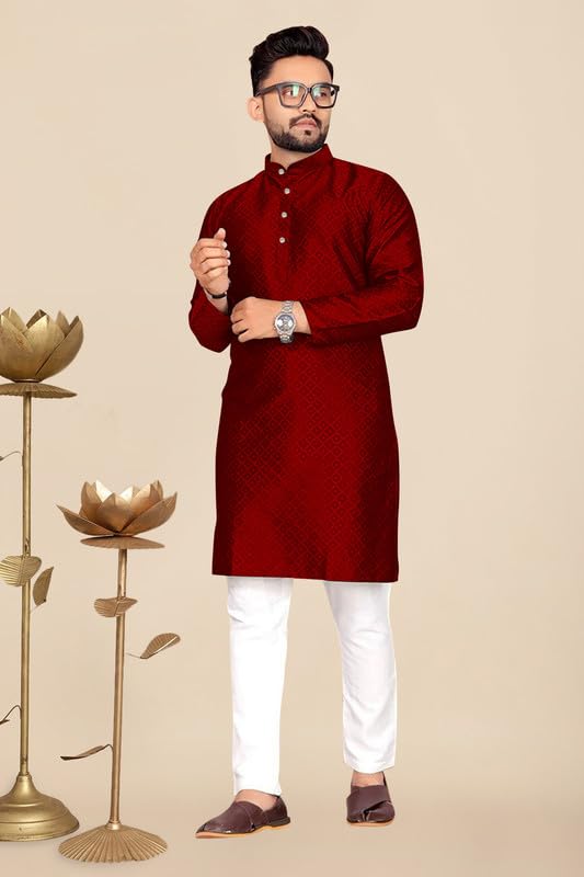 Image of Men's Self Design Cotton Silk Kurta