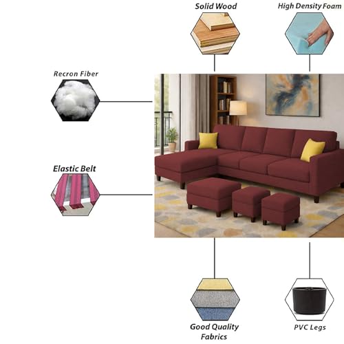 Image of Casaliving Rolando Seater L Shape Sofa Set for Living Room Left Side (Maroon, 6 Seater with Ottomon - LHS)