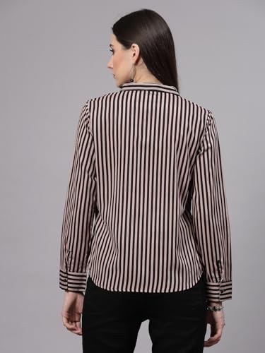 Image of Style Quotient Women Beige White Stripe Printed Formal Shirt