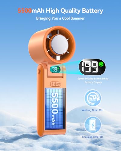 Image of Portable Handheld Fan with Ice Cooler, 199 Speed Personal Fan,5500mAh Rechargeable,20H Cooling Time,20000 RPM Powerful Motor, Summer Essential for Travel /Outdoor /Office, Orange