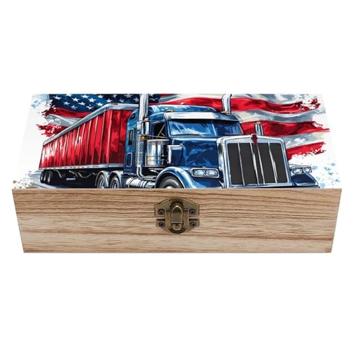 peiyeety Schmuckschatulle aus Holz mit US-Flagge, LKW, staubdicht, Schmuck-Organizer aus Holz mit Frontverschluss für Andenken, Geschenke, Heimdekoration