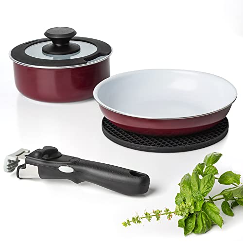 Image of Moss & Stone Aluminum Pots And Pans Set Nonstick, Removable Handle Cookware, Stackable Pots And Pans Set, Dishwasher safe, Induction Pots And Pans, Camping Cookware Set (5 Pcs Burgandy)