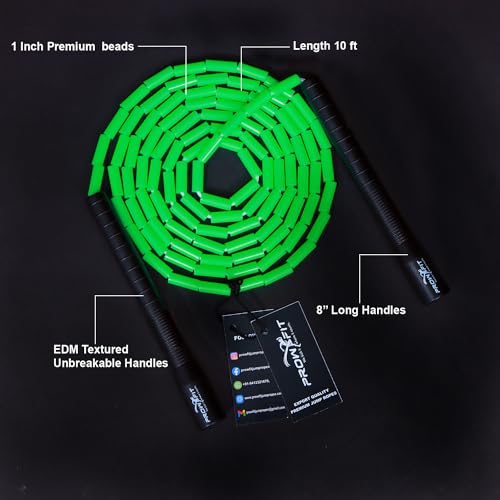 Image of Freestyle Unbreakable Long Handle Soft Shatterproof Beads 1Inch Beaded Jump Rope, Skipping Rope Adult. (10 Ft) (Green - Black handle)