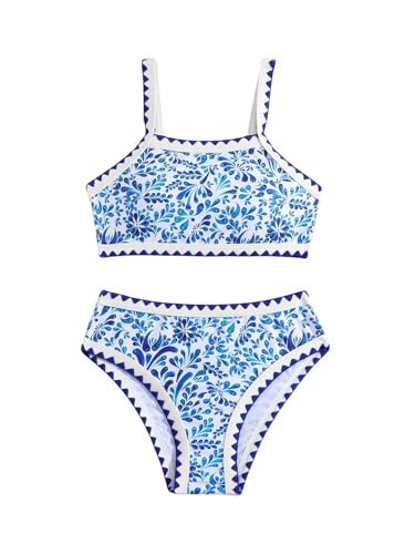 SHENHE Girl's High Waisted Swimsuit Floral Graphic Contrast Binding 2 Piece Tankini Set Swimwear
