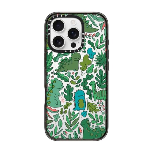 CASETiFY Impact iPhone 16 Pro Case [4X Military Grade Drop Tested / 8.2ft Drop Protection/Compatible with Magsafe] - Funny Green Dinos. Cute Dinosaurs - Clear Black