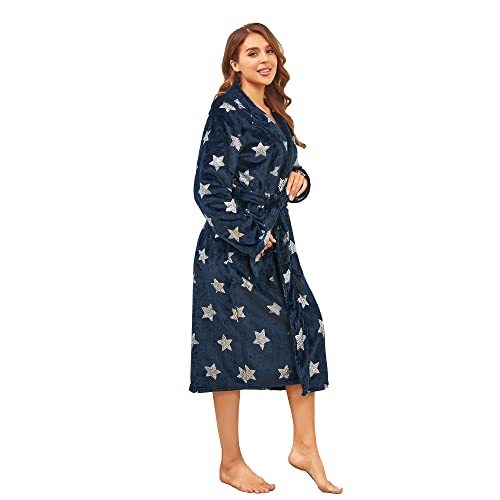 Rongtai Fleece Robes For Women Plush Soft Warm Long Bathrobe With Pockets（Xx-Large,Navy Blue-Star） #TOP28
