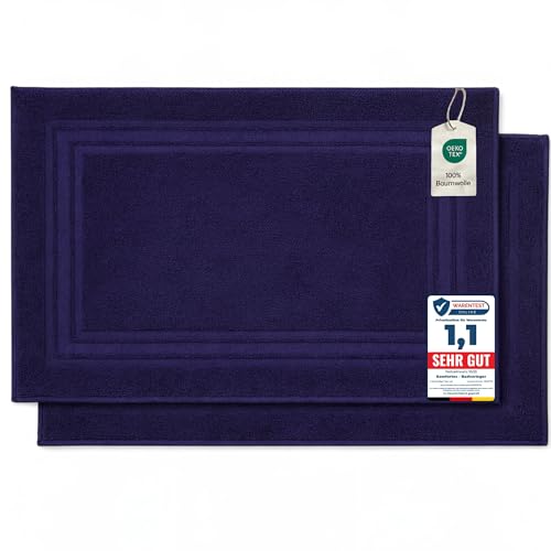 Komfortec Lot de 2 Tapis de Bain, en Tissu éponge, lavables, 600 g/m² et 100% Coton Absorbant et à séchage Rapide, Bleu Fonce, 50 x 70 cm