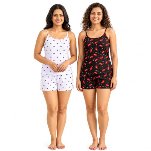( PACK OF 2 )Women’s Printed Nightwear Set with Sleeveless Camisole Top and Matching Shorts, Scoop Neck Sleepwear, Casual Lounge Wear for Bedtime and Relaxing at Home, Heart or Lip Print Design Women (S)