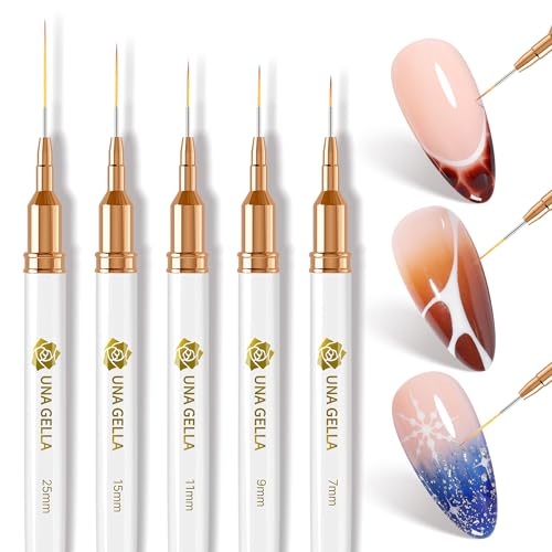 Image of UNA GELLA Nail Art Brushes Metallic, Liner Pens Set For Nail Art Gel Polish, 5Pcs White Color, Detail Nail Art Design Painting Brush Set For Nails Gel Fine Drawing Nail Tools, Sizes 7 /9 /11 /15 /25mm