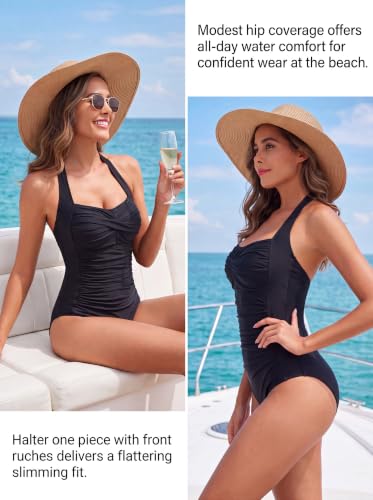 Image of Smismivo Tummy Control Swimwear Halter One Piece Slimming Vintage Retro Swimsuit Womens Ruched Push Up Bathing Suit