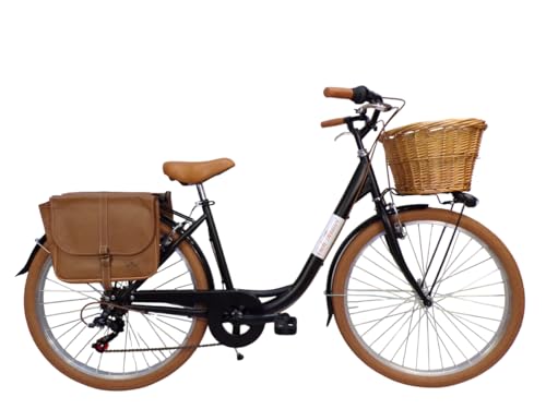 bici gia' montata al 95% Cicli Tessari - bicicletta donna bici da passeggio city bike 26 cambio 6 velocita\' telaio basso cesto in vimini vintage con borse laterali (nero)