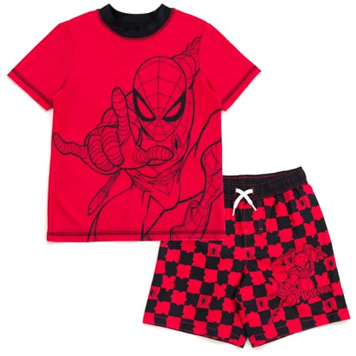 Marvel Spider-Man Little Boys UPF 50+ Rash Guard and Swim Trunks Outfit Set Red/Black Checkerboard 7-8