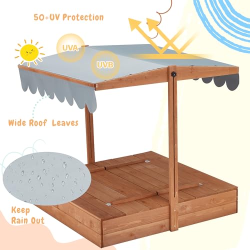 YOLENY Sandbox with Lid,Kids Sandbox with Cover Outdoor,Wooden Sand Box with 2 Foldable Bench Seats,Adjustable UV-Resistant Roof & Bottom Liner,Sand Box for Kids Ages 2-8, Perfect for Backyard,Beach