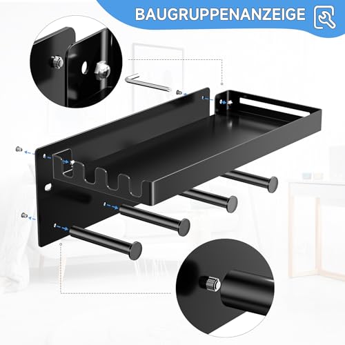 LOXSUN Hundegarderobe mit Ablage, Metall Dogstation Hundegarderobe Hundeleinen Halterung Wand, Schlüsselhalter Schwarz, Schlüsselbrett Ohne Bohren mit 4 Haken für Schlüssel, Hundeleine, Beißleine