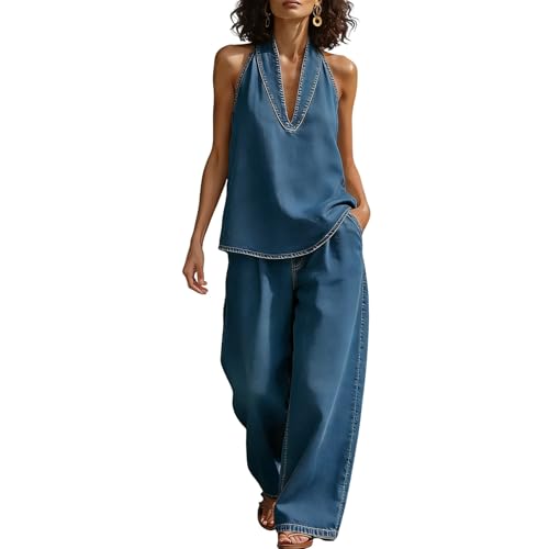 Conjunto vaquero de verano para mujer con blusa sin mangas y pantalón ancho de lino y algodón