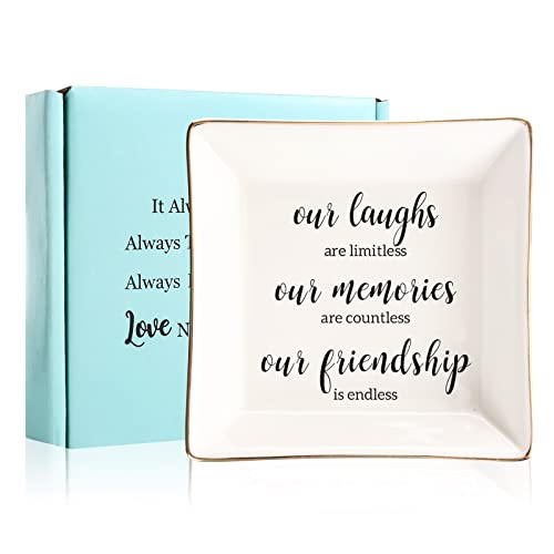 JOYIMARR Endless Friendship Gifts Ceramic Ring Dish Jewelry Tray,Birthday Gifts For Best Friend-Our Laughs Are Limitless,Our Memories Are Countless,Our Friendship Is Endless