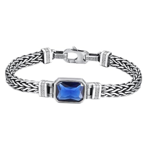 S925 Sterling Silver Braided Punk Bracelet, Men's Blue Zirconia Vintage Bracelet - Main Image