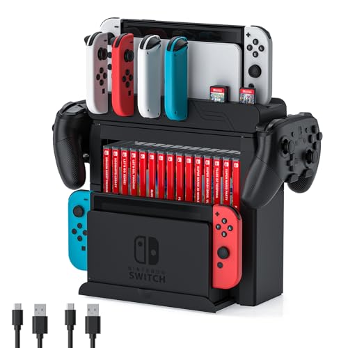 Switch Game Storage with Controller Charger for Nintendo Switch & OLED Model, Switch Charging Dock Charges 6 Joycons, Switch Gaming Accessories Holder for Desk, Switch Game Gift Card Organizer (Black)