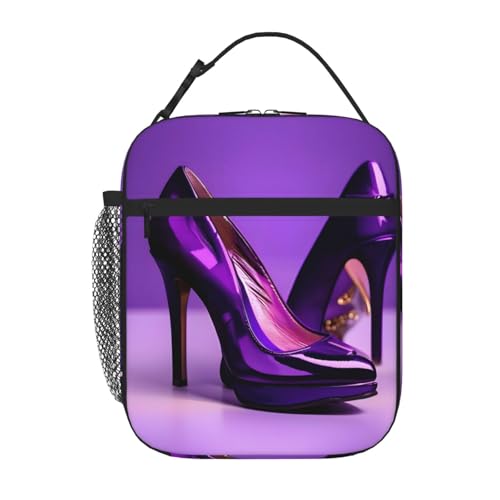 WURTON Elegante Portabocadillo Bolsa de Almuerzo de Viaje con Tacones Altos Morados con Estampado de Lápiz Labial, Versátil Bolsa de Almuerzo Aislada para Adultos, Mujeres y Hombres