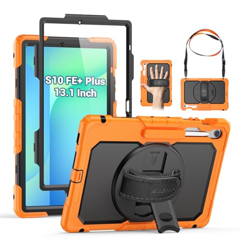 SEYMAC Case for Samsung Galaxy Tab S10 FE+/ S10 FE Plus 5G 13.1 2025, Heavy Duty Full-Body Shockproof Protective Case with Screen Protector, Stand, Hand/Shoulder Strap and Pen Holder, Orange